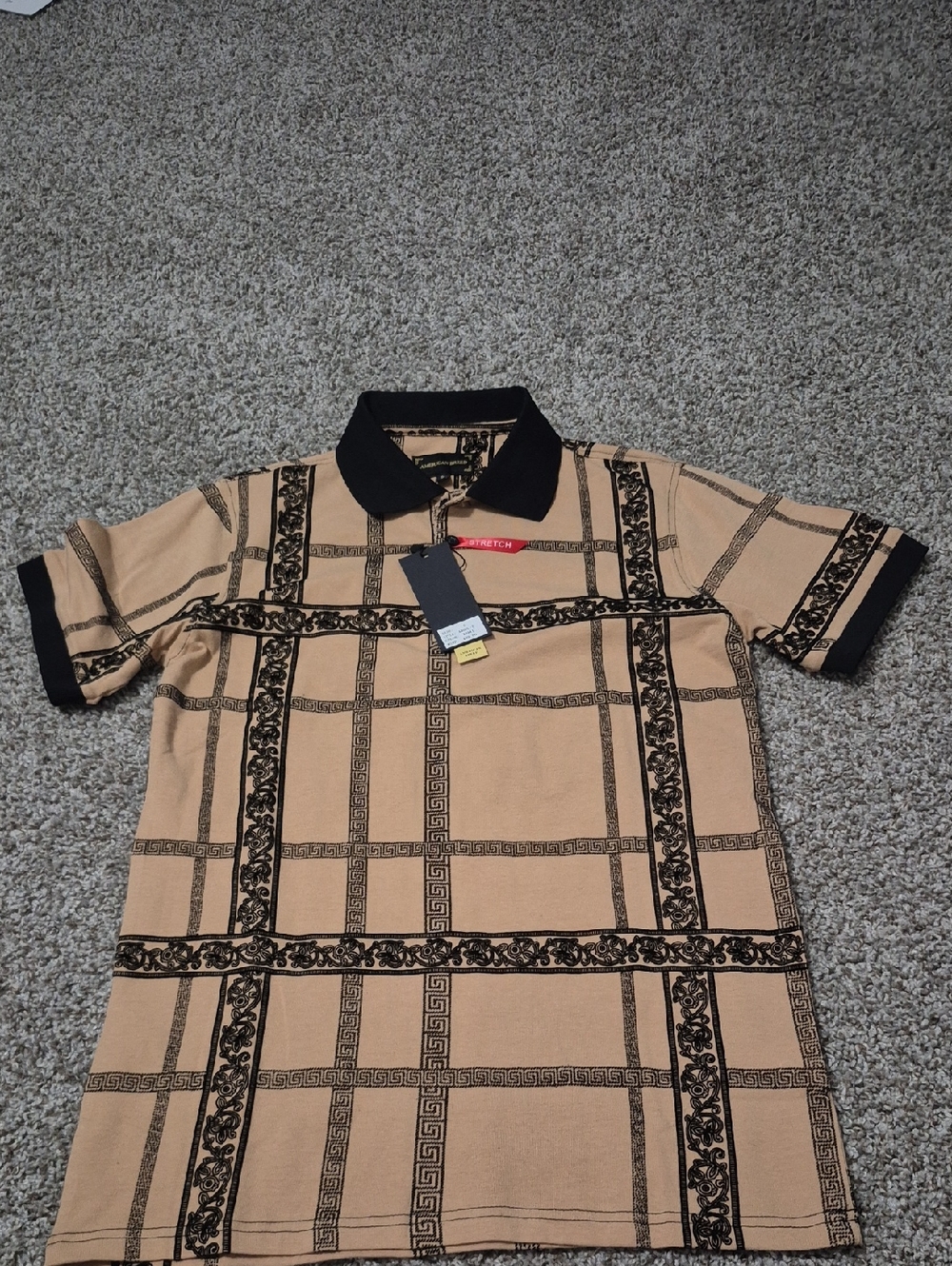 Men's Tan Polo with Black Collar and Geometric Grid Pattern